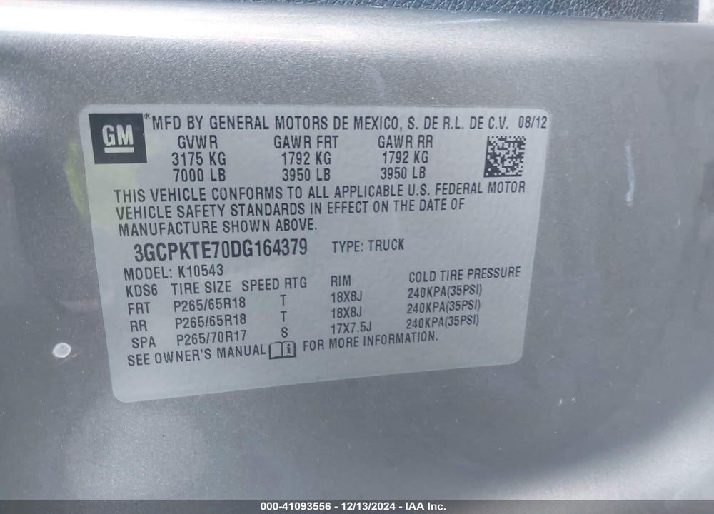 2013 CHEVROLET SILVERADO VIN: 3GCPKTE70DG164379