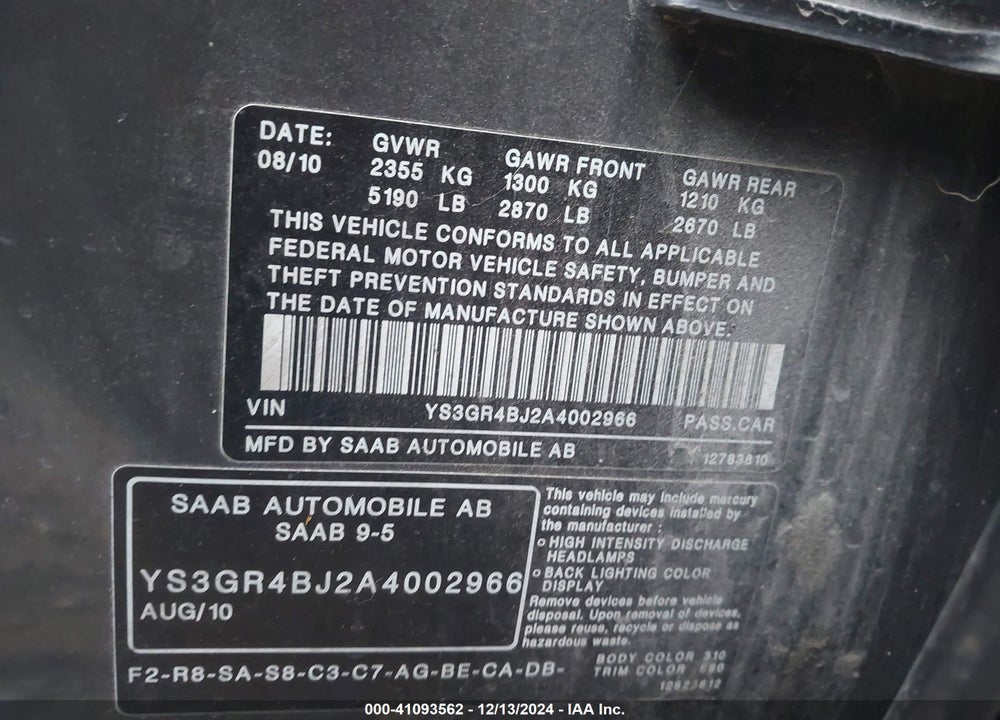 2010 SAAB 9-5 AERO VIN: YS3GR4BJ2A4002966
