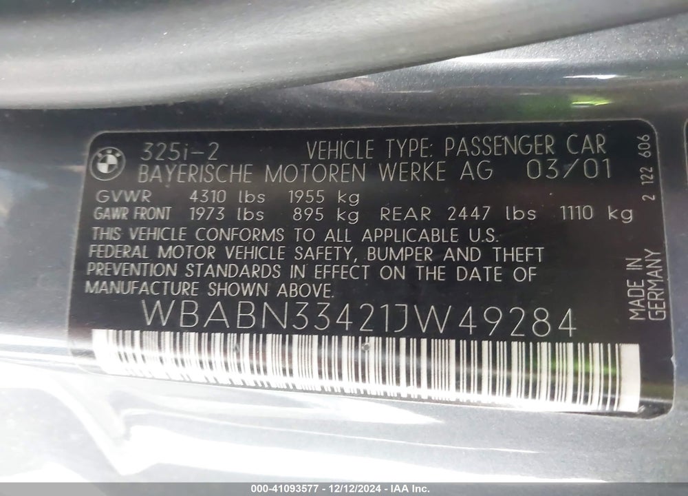 2001 BMW 325CI VIN: WBABN33421JW49284