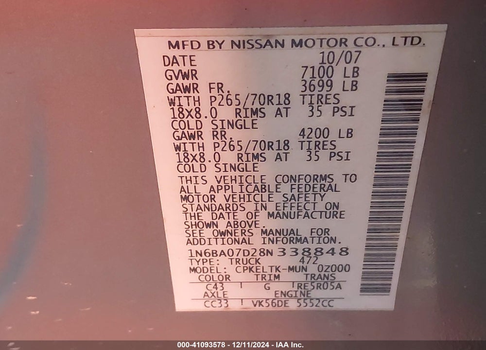2008 NISSAN TITAN LE/SE/XE VIN: 1N6BA07D28N338848