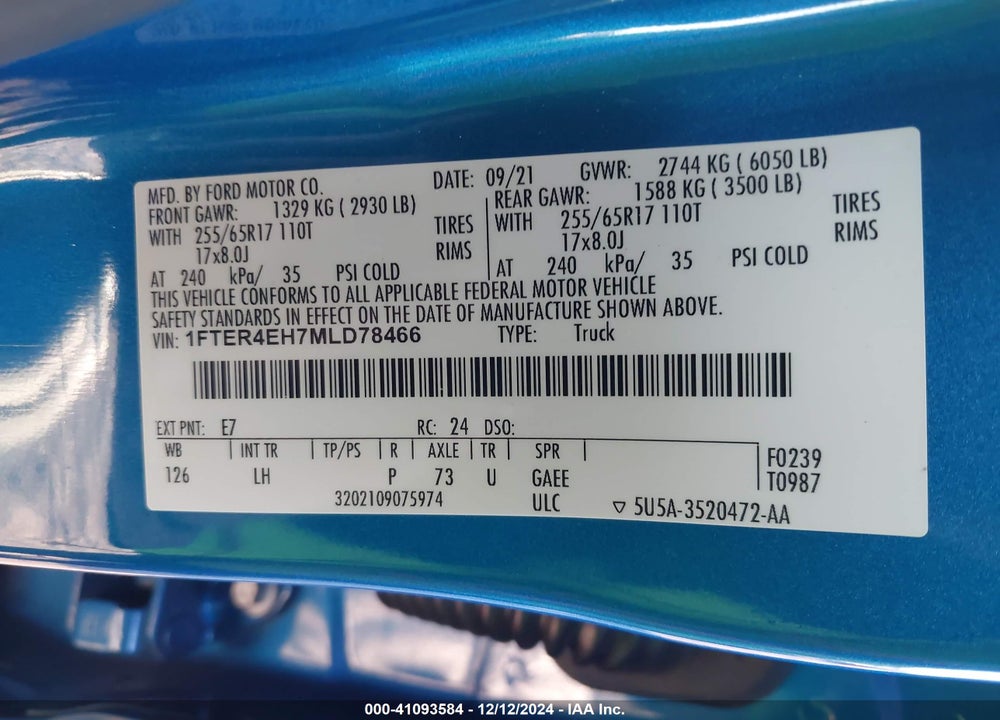 2021 FORD RANGER VIN: 1FTER4EH7MLD78466