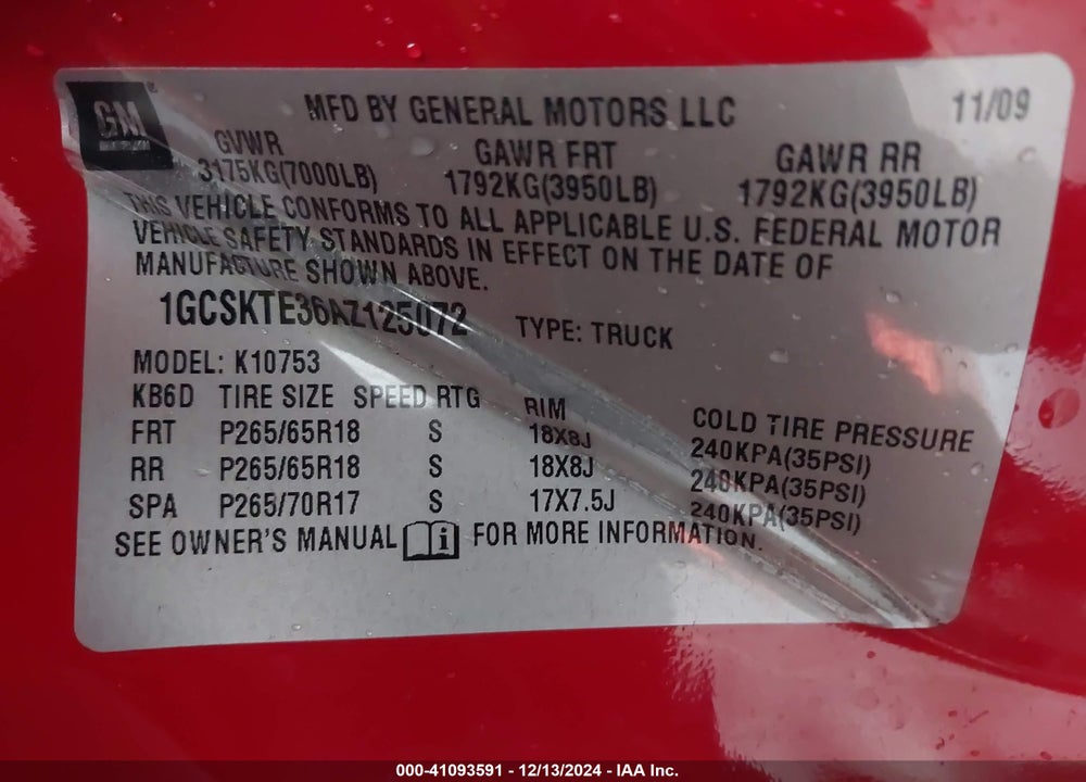 2010 CHEVROLET SILVERADO 1500 VIN: 1GCSKTE36AZ125072
