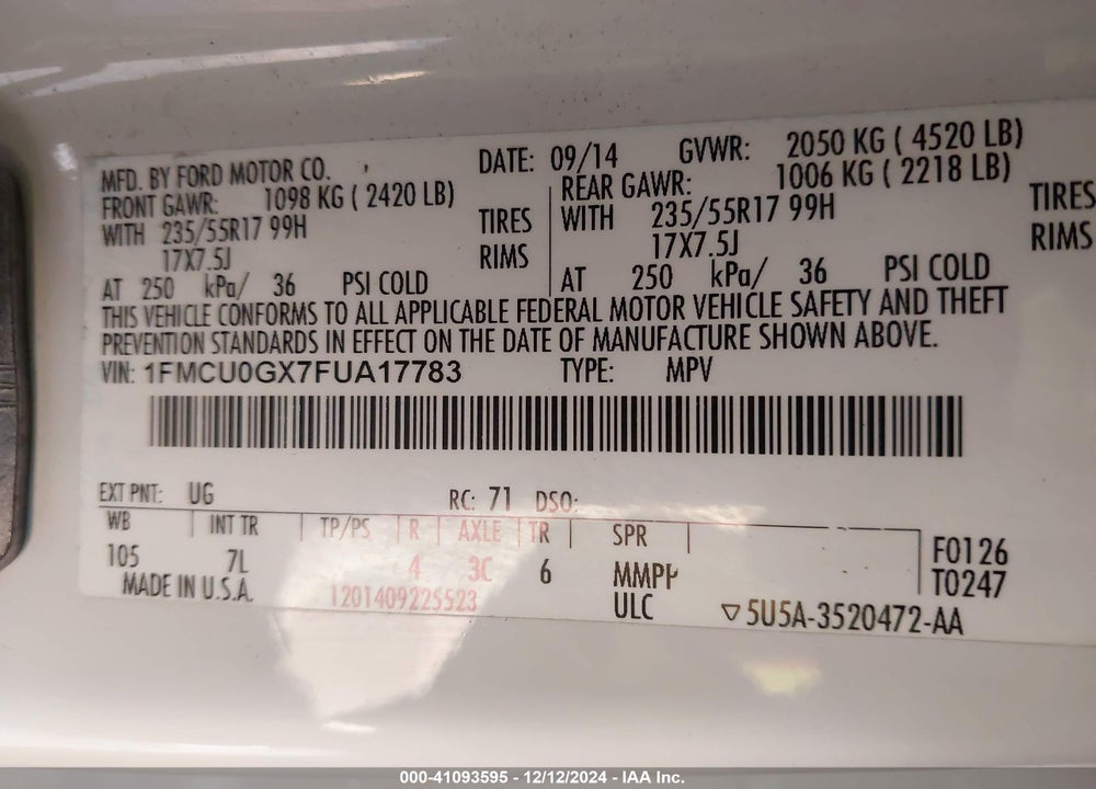 2015 FORD ESCAPE SE VIN: 1FMCU0GX7FUA17783