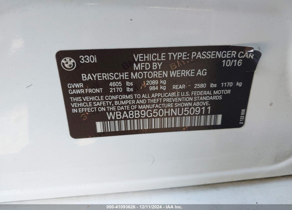 2017 BMW 330I VIN: WBA8B9G50HNU50911
