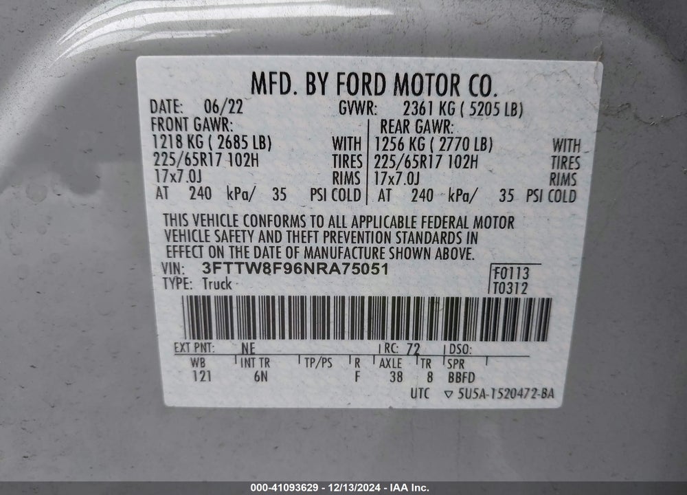 2022 FORD MAVERICK LARIAT VIN: 3FTTW8F96NRA75051