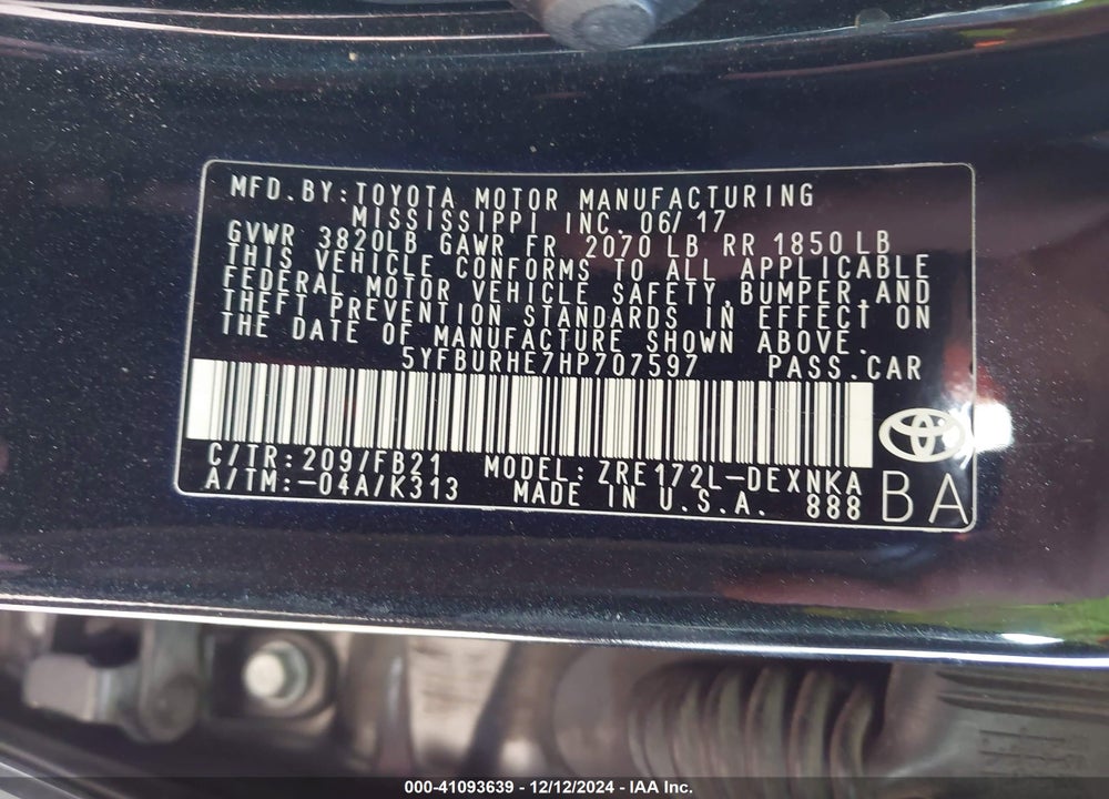 2017 TOYOTA COROLLA LE VIN: 5YFBURHE7HP707597