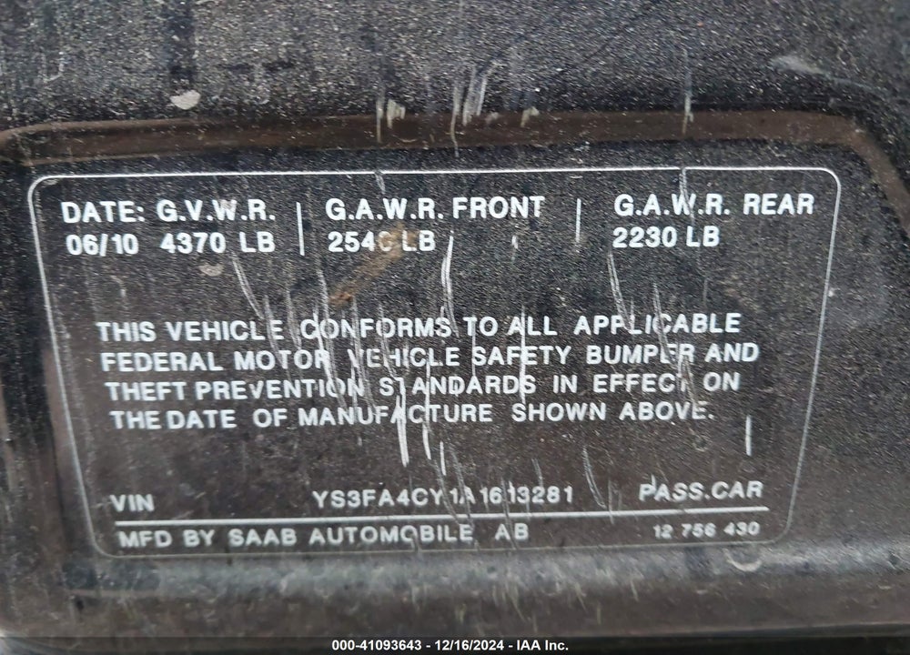 2010 SAAB 9 3 VIN: YS3FA4CY1A1613281