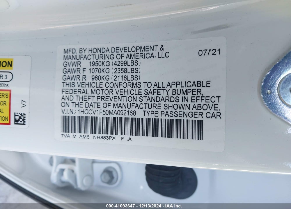 2021 HONDA ACCORD VIN: 1HGCV1F50MA092168