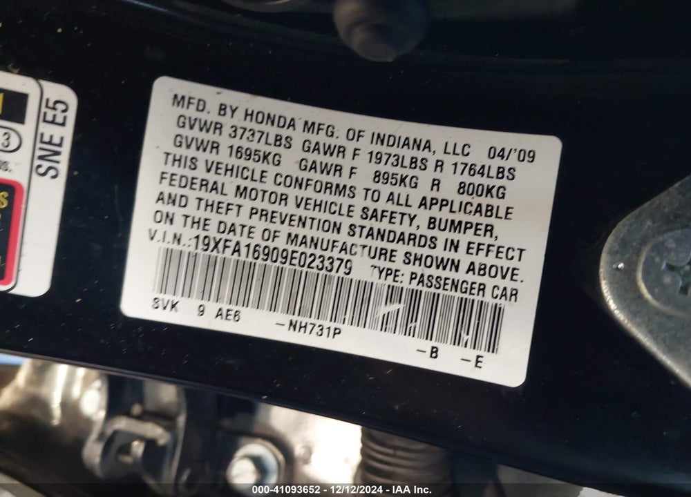 2009 HONDA CIVIC VIN: 19XFA16909E023379
