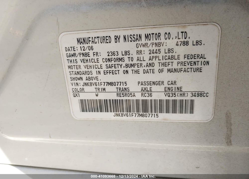2007 INFINITI G35X VIN: JNKBV61F77M807715