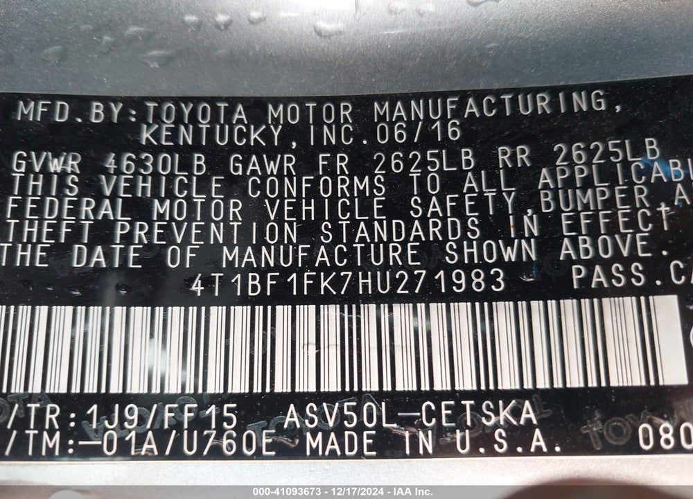 2017 TOYOTA CAMRY SE VIN: 4T1BF1FK7HU271983