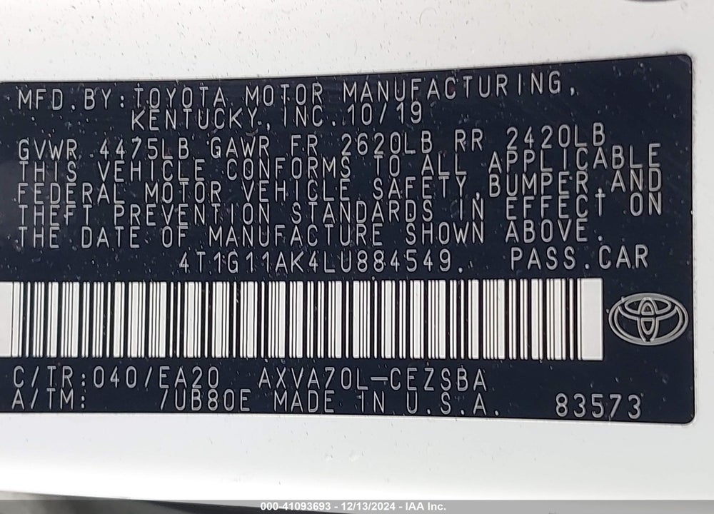 2020 TOYOTA CAMRY SE VIN: 4T1G11AK4LU884549