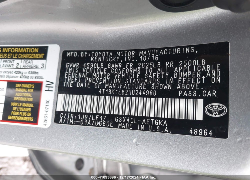 2017 TOYOTA AVALON VIN: 4T1BK1EB2HU244980