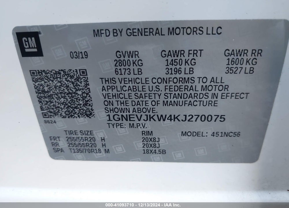 2019 CHEVROLET TRAVERSE RS VIN: 1GNEVJKW4KJ270075