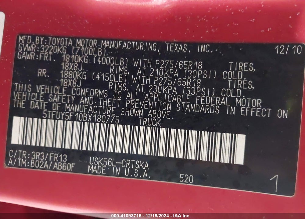 2011 TOYOTA TUNDRA GRADE 5.7L V8 VIN: 5TFUY5F10BX180775