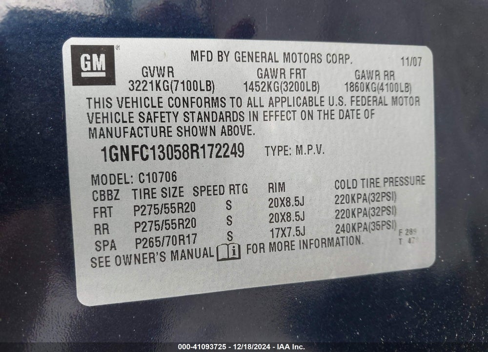 2008 CHEVROLET TAHOE LTZ VIN: 1GNFC13058R172249