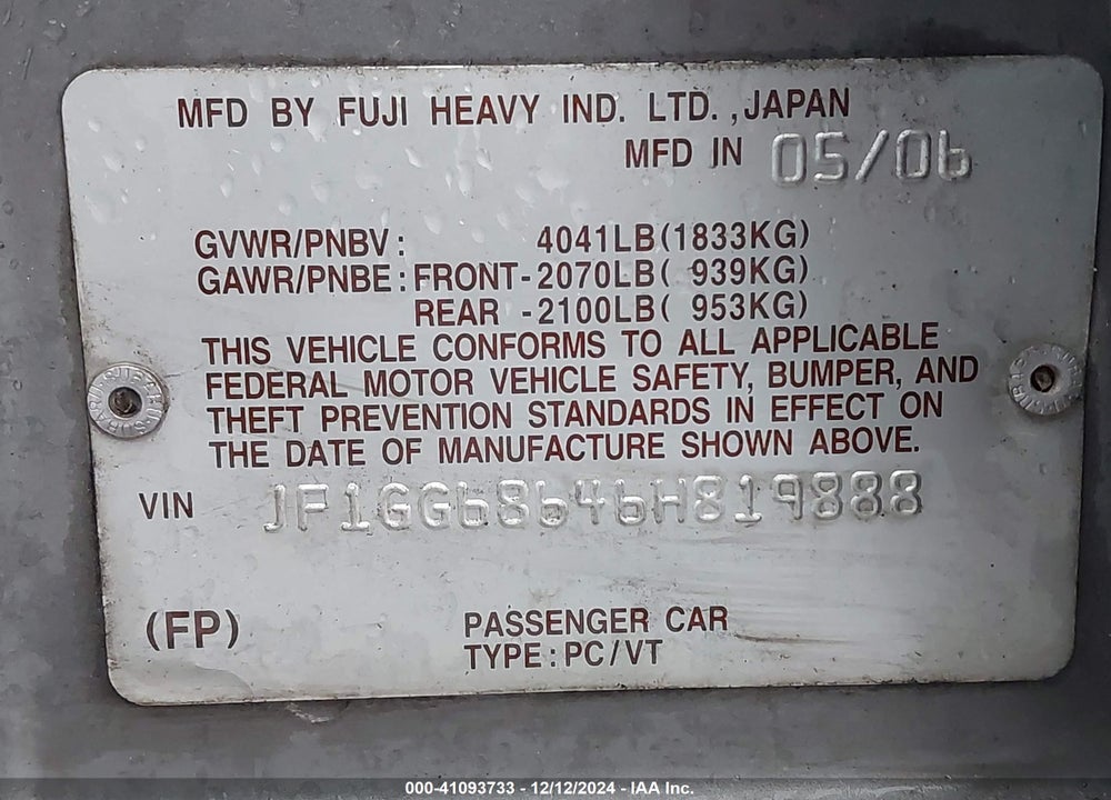 2006 SUBARU IMPREZA OUTBACK SPORT VIN: JF1GG68646H819888