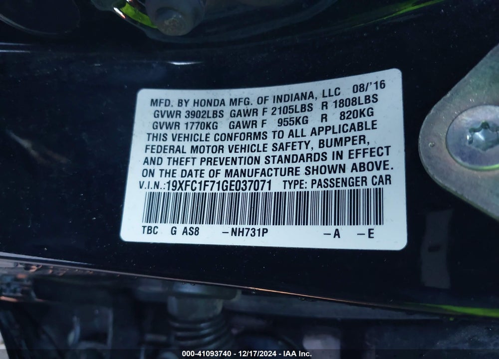 2016 HONDA CIVIC VIN: 19XFC1F71GE037071