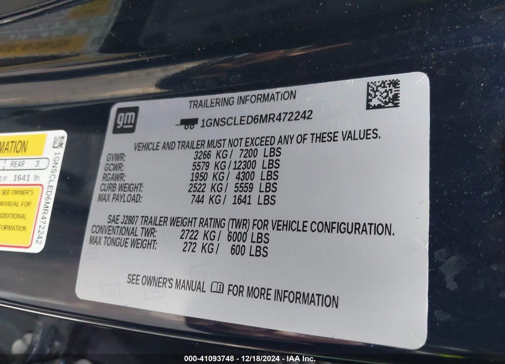 2021 CHEVROLET TAHOE 2WD COMMERCIAL FLEET VIN: 1GNSCLED6MR472242