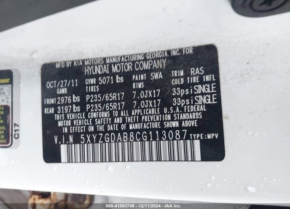 2012 HYUNDAI SANTA FE GLS VIN: 5XYZGDAB8CG113087