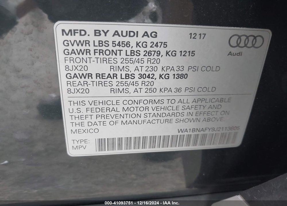2018 AUDI Q5 VIN: WA1BNAFY9J2113605