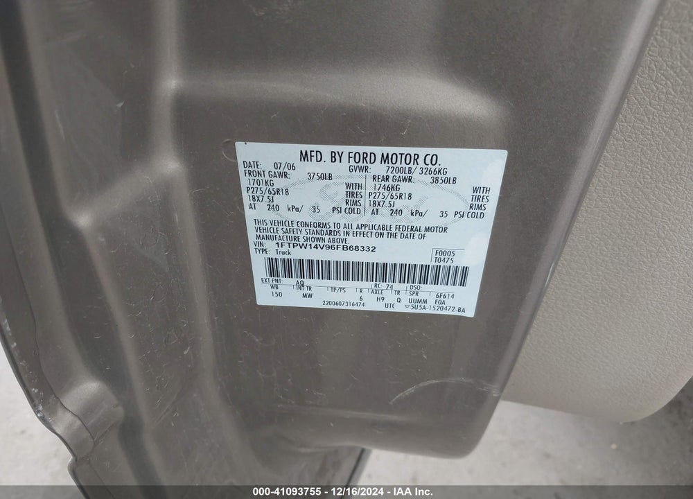 2006 FORD F-150 FX4/LARIAT/XLT VIN: 1FTPW14V96FB68332