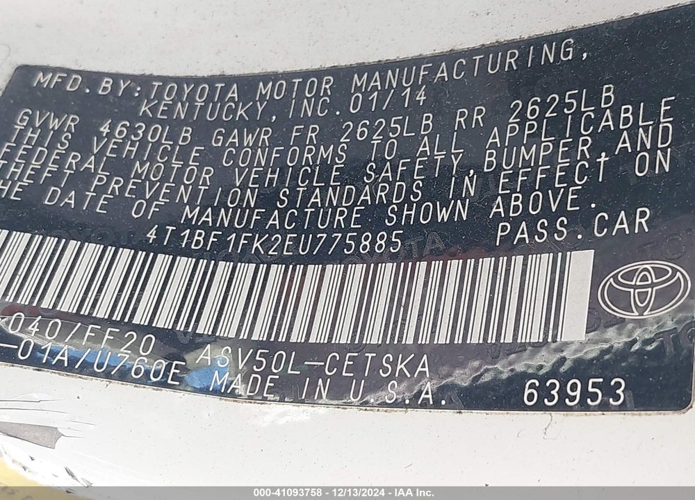 2014 TOYOTA CAMRY SE VIN: 4T1BF1FK2EU775885