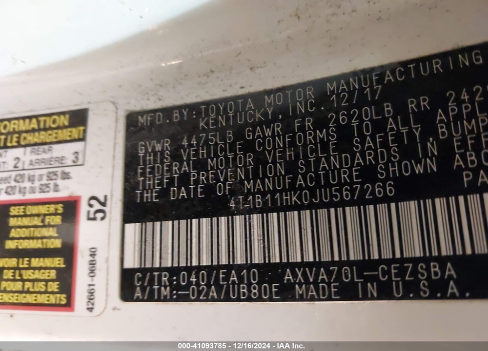 2018 TOYOTA CAMRY SE VIN: 4T1B11HK0JU567266