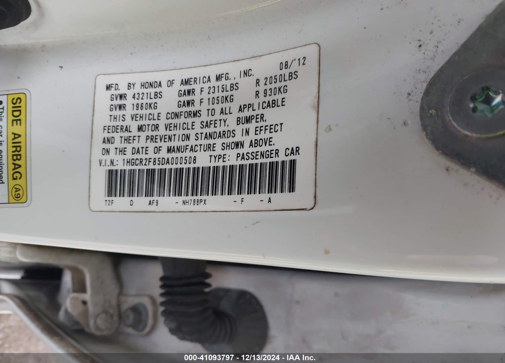 2013 HONDA ACCORD VIN: 1HGCR2F85DA000508
