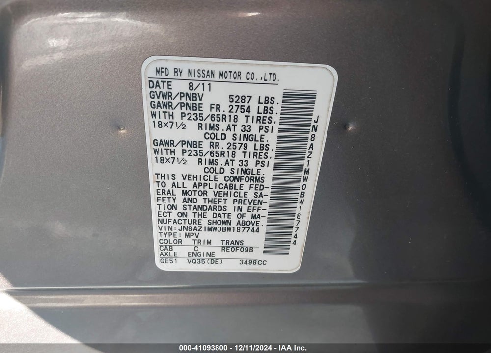 2011 NISSAN MURANO SL VIN: JN8AZ1MW0BW187744