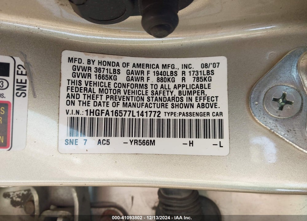 2007 HONDA CIVIC LX VIN: 1HGFA16577L141772