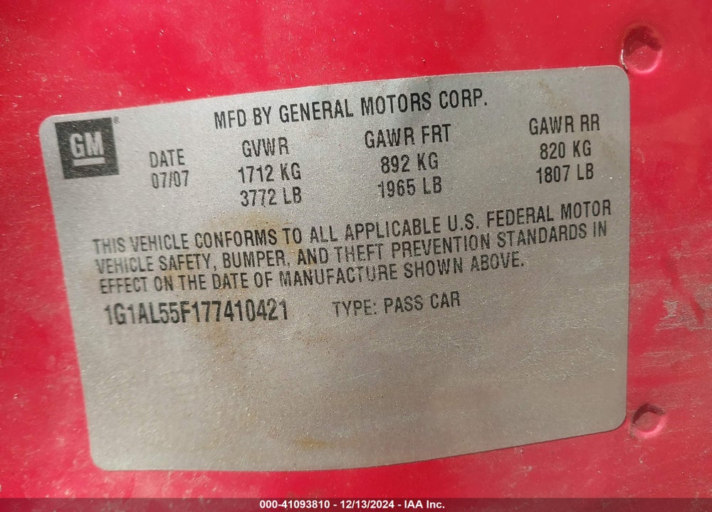 2007 CHEVROLET COBALT VIN: 1G1AL55F177410421