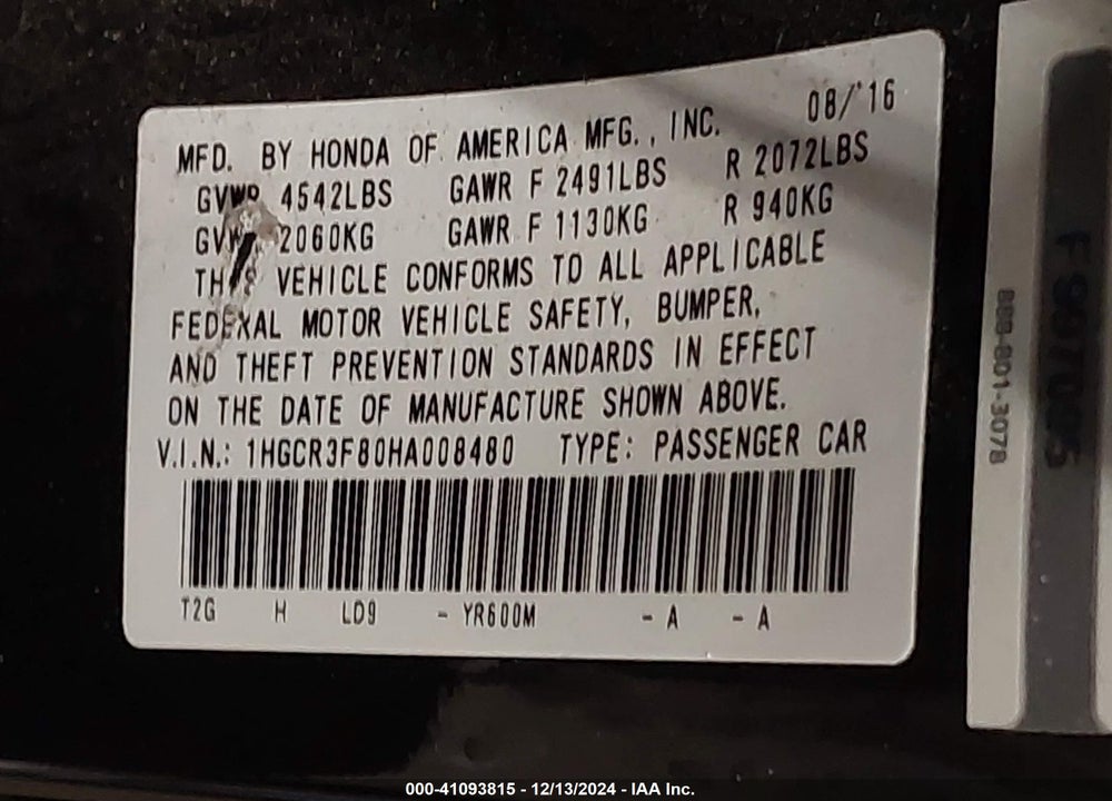 2017 HONDA ACCORD VIN: 1HGCR3F80HA008480