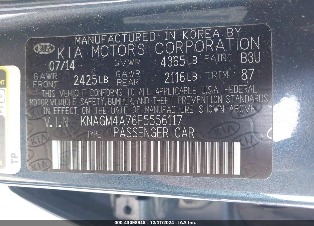 2015 KIA OPTIMA VIN: KNAGM4A76F5556117