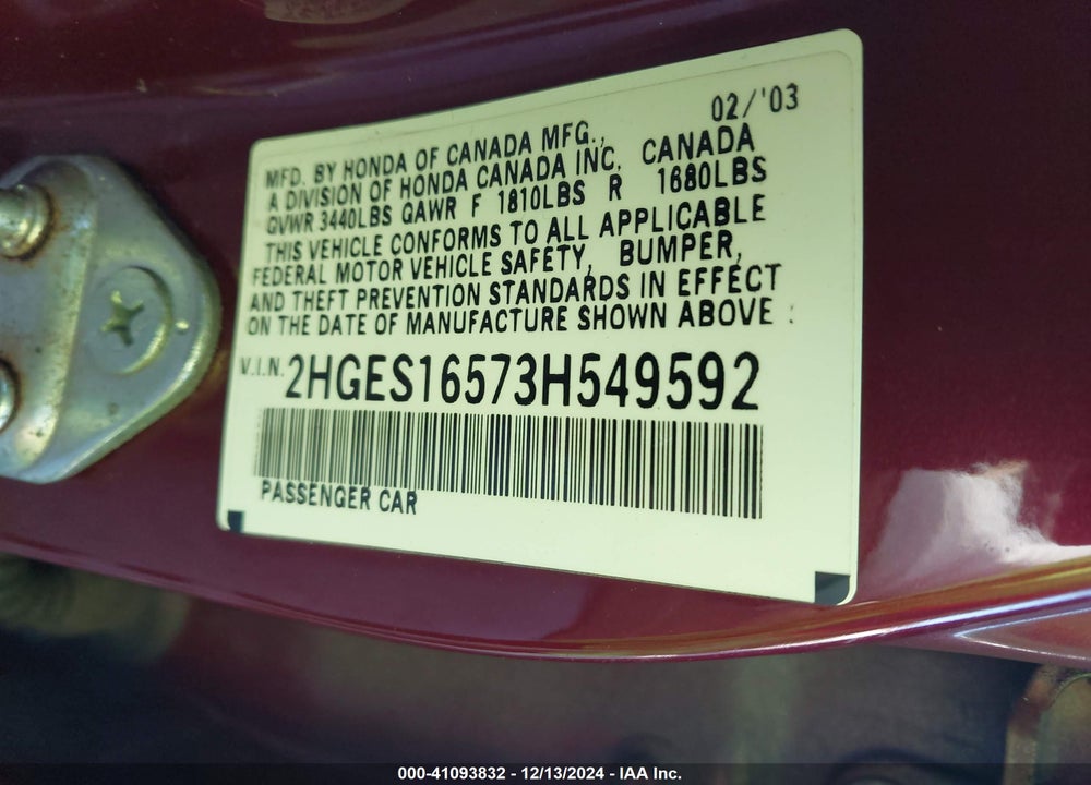 2003 HONDA CIVIC LX VIN: 2HGES16573H549592