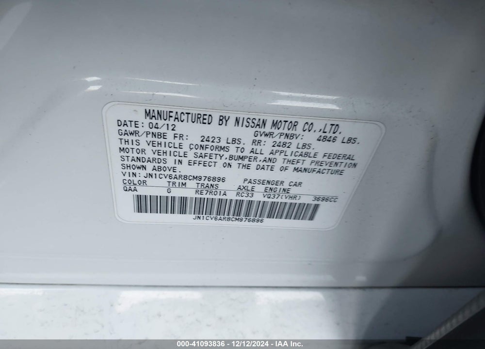 2012 INFINITI G37 X VIN: JN1CV6AR8CM976896