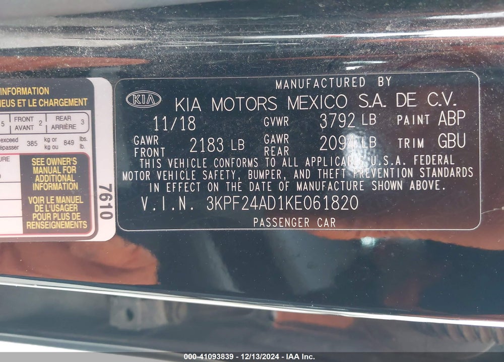 2019 KIA FORTE LXS VIN: 3KPF24AD1KE061820