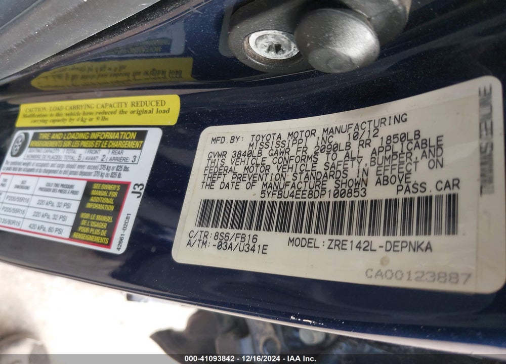 2013 TOYOTA COROLLA VIN: 5YFBU4EE8DP100853
