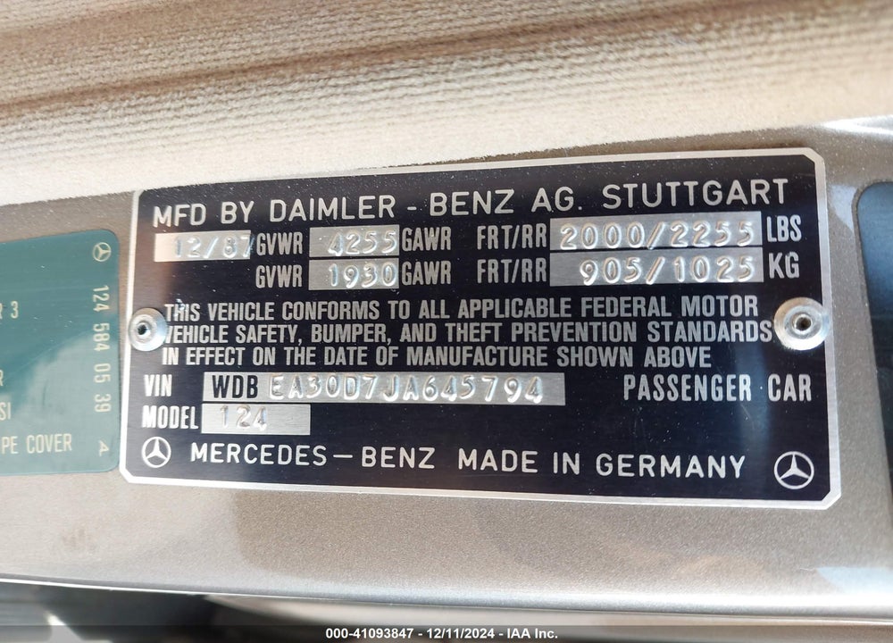 1988 MERCEDES-BENZ 300 E VIN: WDBEA30D7JA645794