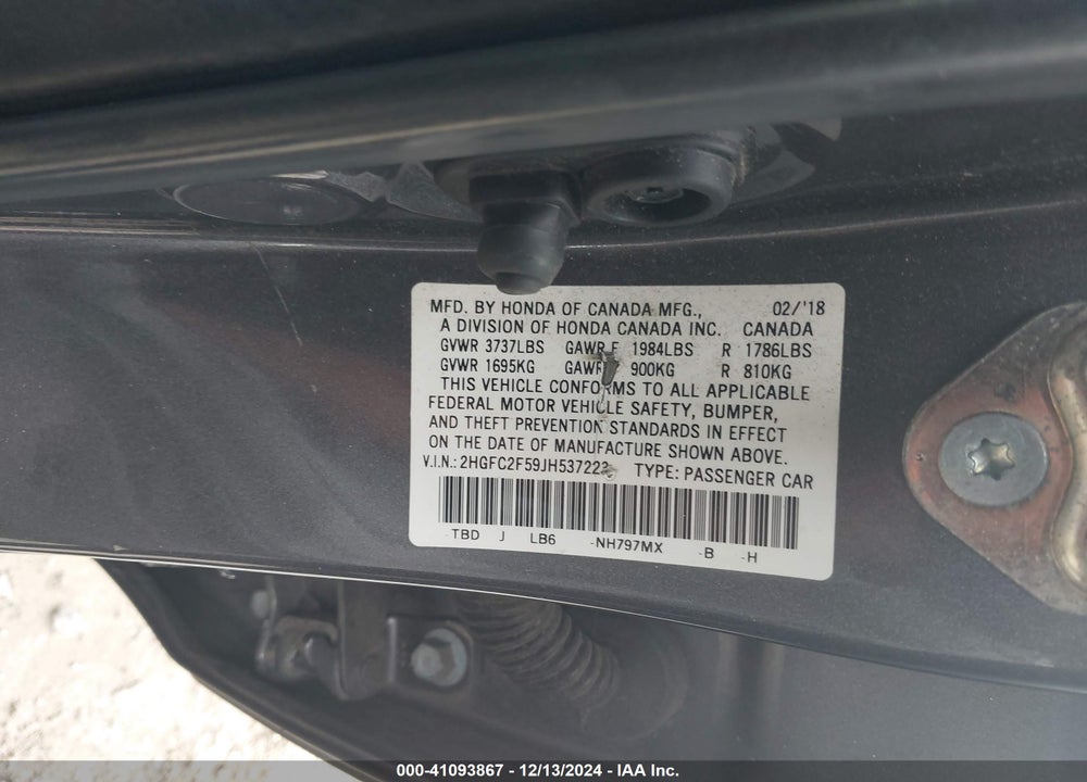 2018 HONDA CIVIC VIN: 2HGFC2F59JH537223