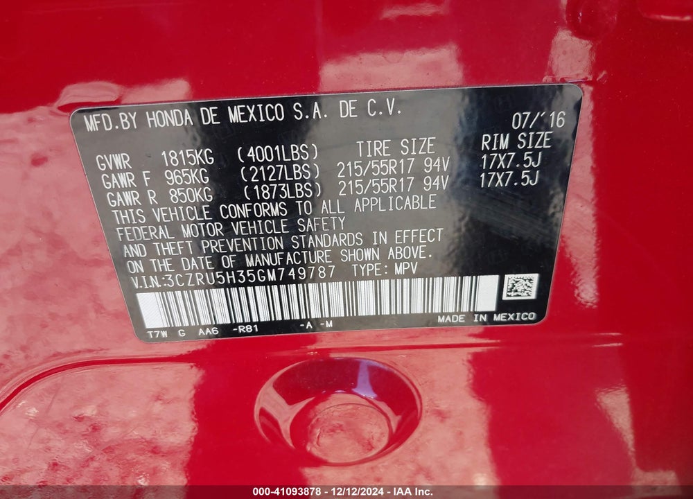 2016 HONDA HR-V LX VIN: 3CZRU5H35GM749787