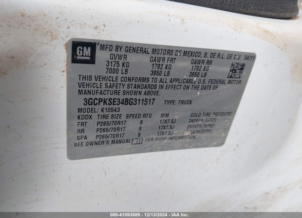 2011 CHEVROLET SILVERADO 1500 LT VIN: 3GCPKSE34BG311517