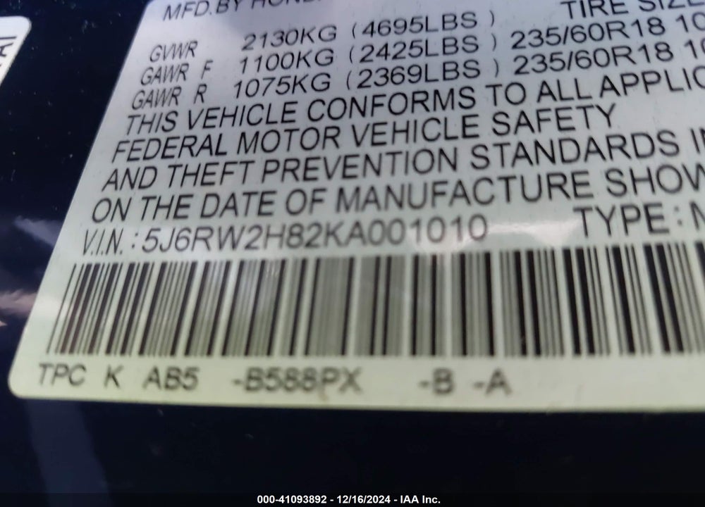 2019 HONDA CR-V EX-L VIN: 5J6RW2H82KA001010