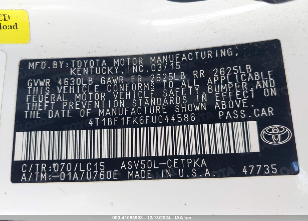 2015 TOYOTA CAMRY XSE VIN: 4T1BF1FK6FU044586