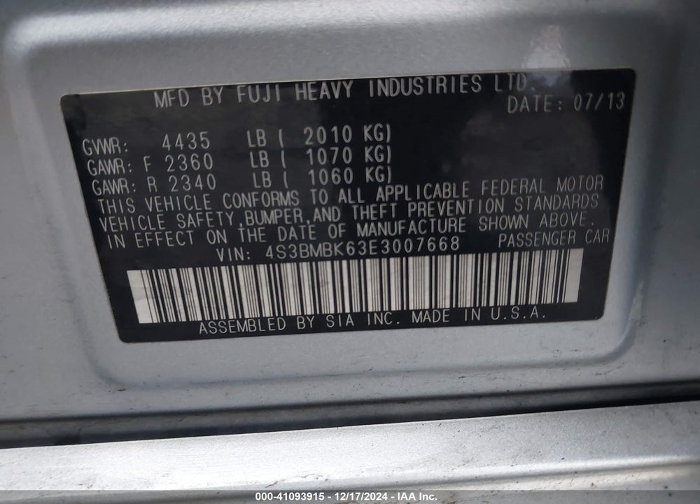 2014 SUBARU LEGACY VIN: 4S3BMBK63E3007668