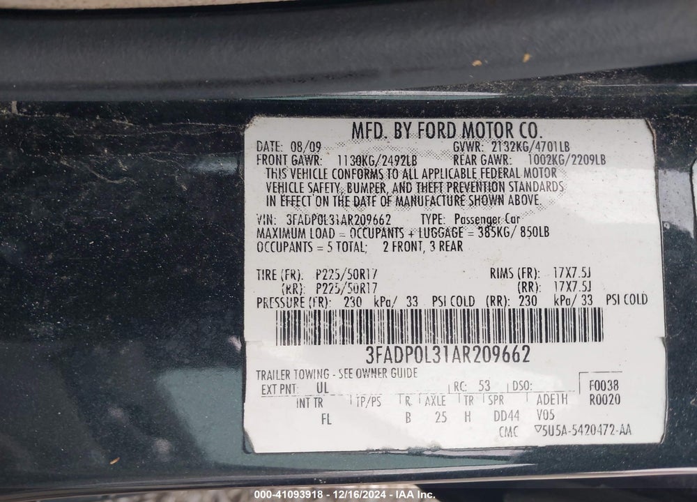 2010 FORD FUSION HYBRID VIN: 3FADP0L31AR209662