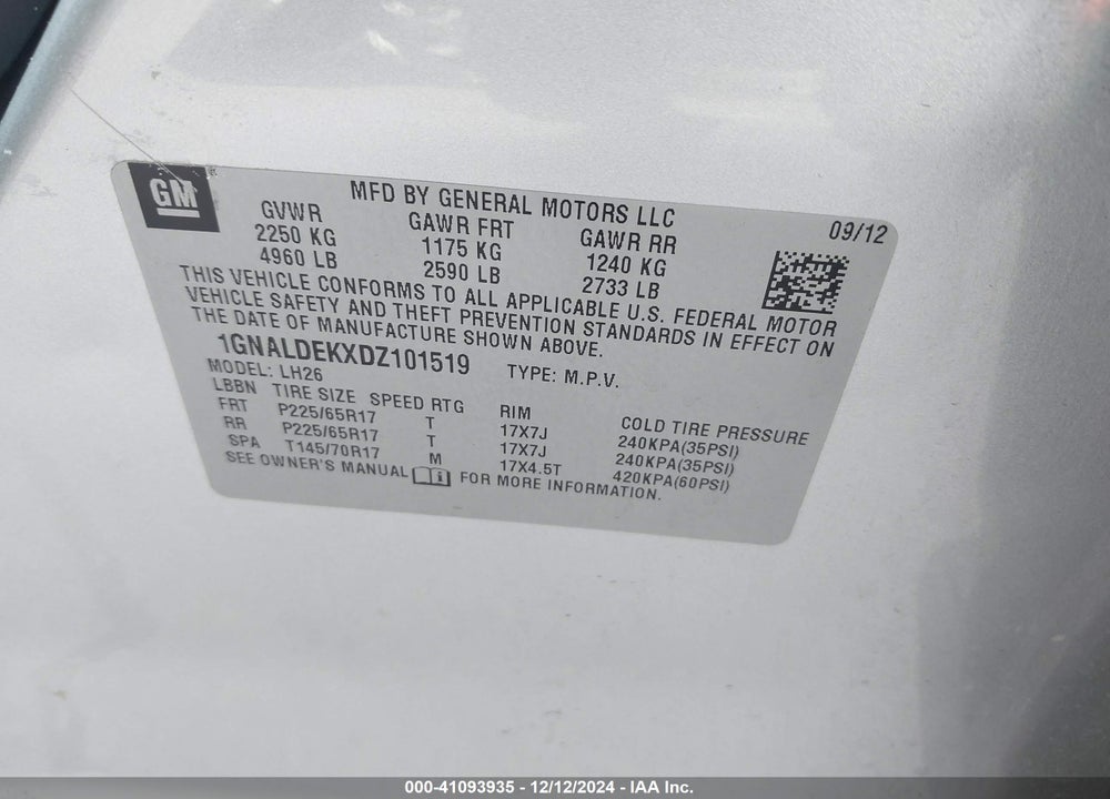 2013 CHEVROLET EQUINOX 1LT VIN: 1GNALDEKXDZ101519