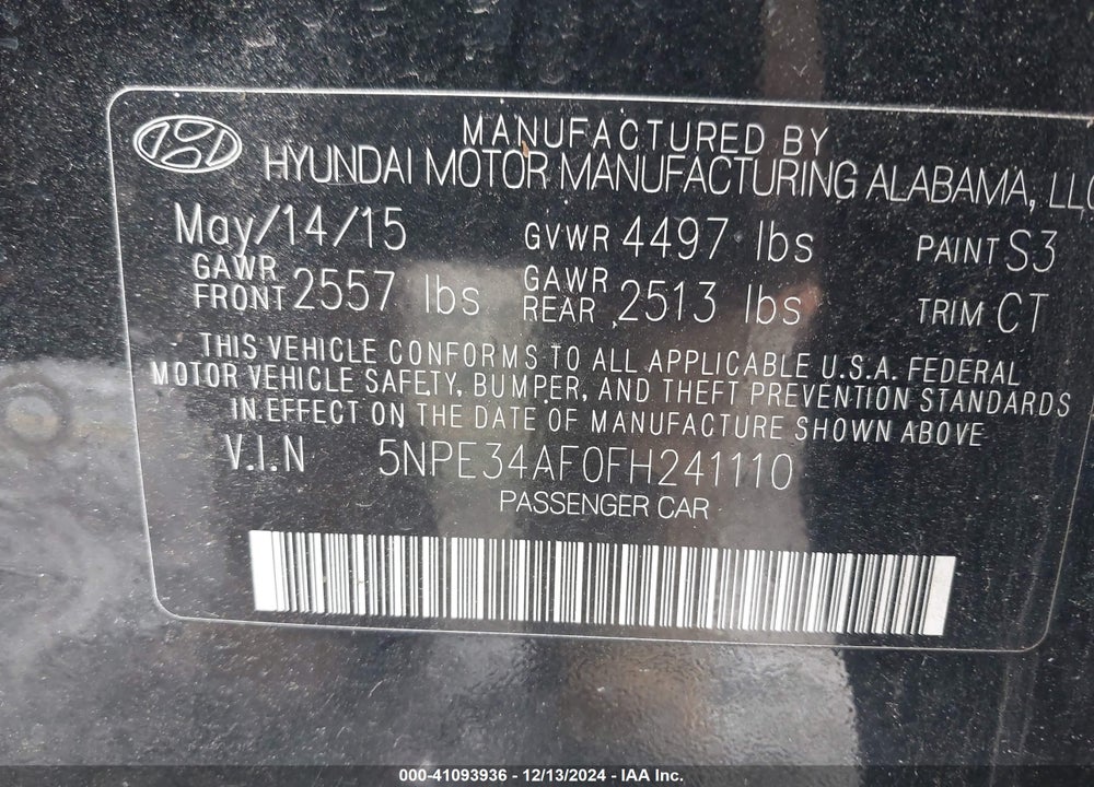 2015 HYUNDAI SONATA LIMITED VIN: 5NPE34AF0FH241110