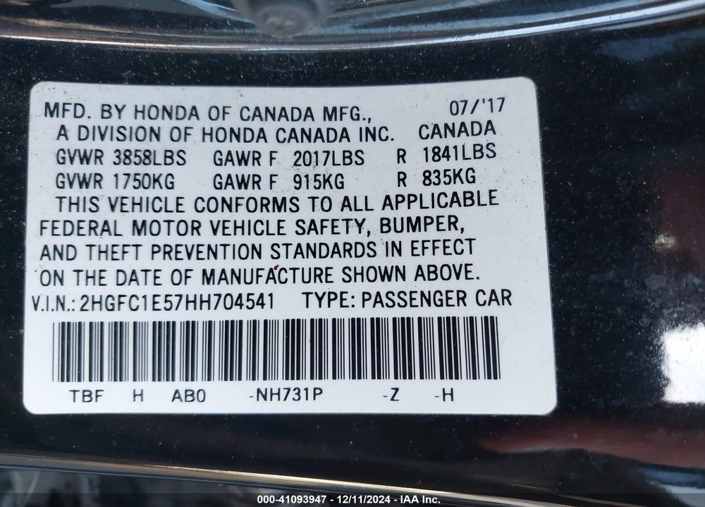 2017 HONDA CIVIC SI VIN: 2HGFC1E57HH704541