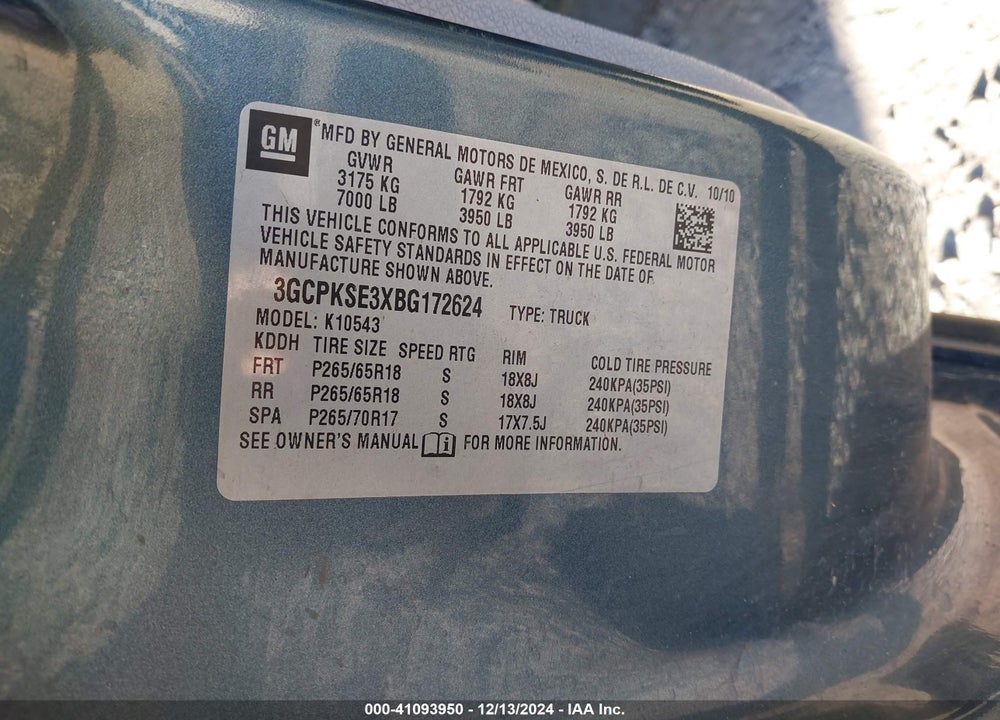 2011 CHEVROLET SILVERADO 1500 LT VIN: 3GCPKSE3XBG172624